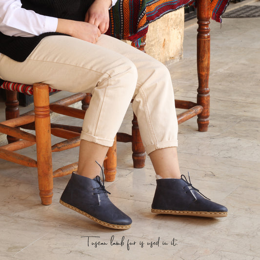 Handmade Navy Blue Barefoot Shearling Oxford Boots-Nefes Shoes