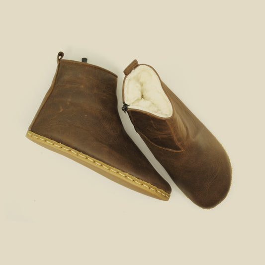 Fur Lining Handmade Barefoot Men's Boots Brown