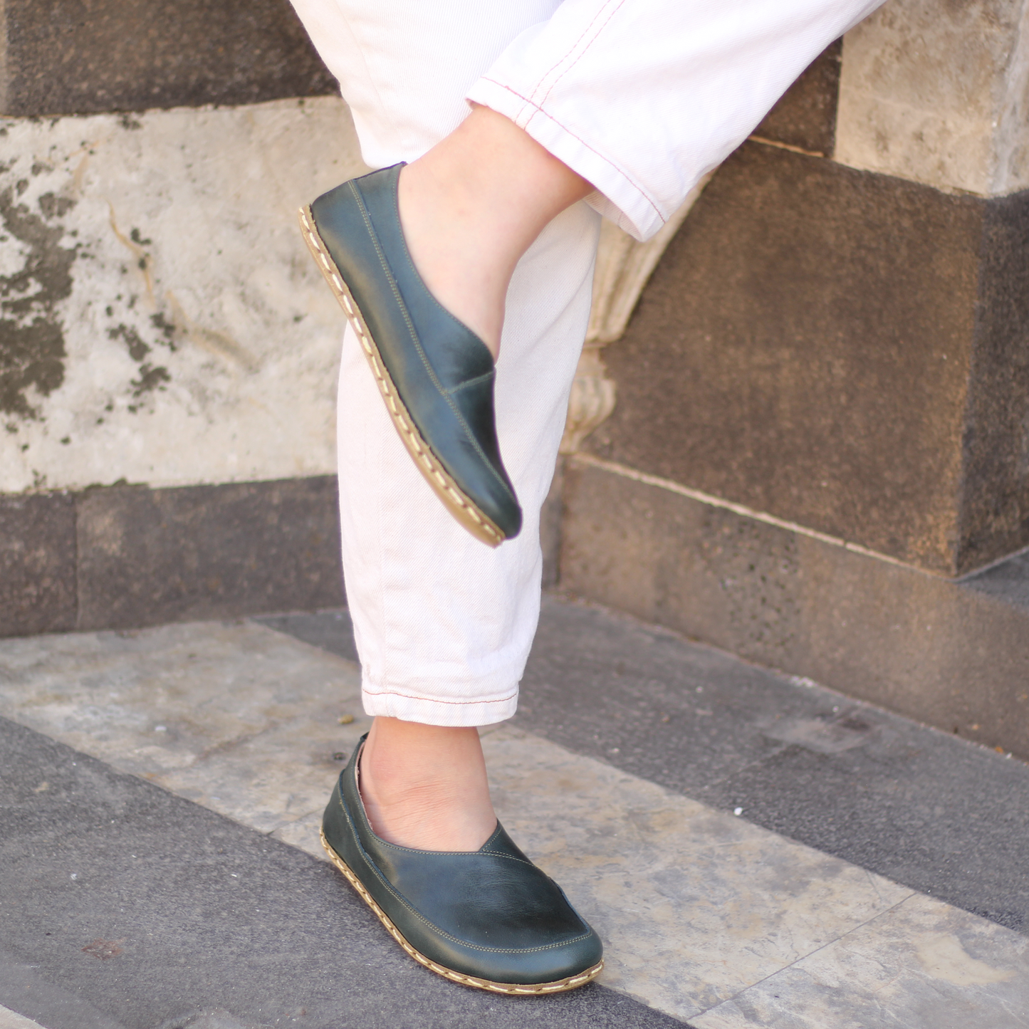 Women's Handmade Toledo Green Barefoot Leather Loafers