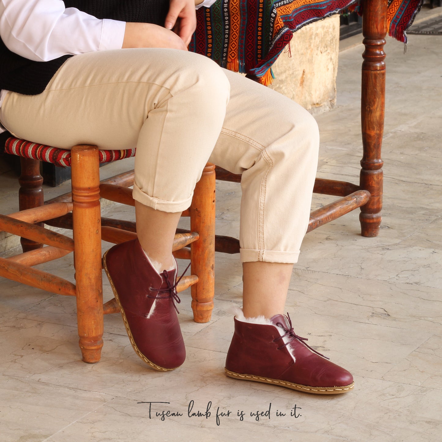 Handmade Zero Drop Shearling Oxford Barefoot Leather Boots for Women - Grounding in Crazy Burgundy