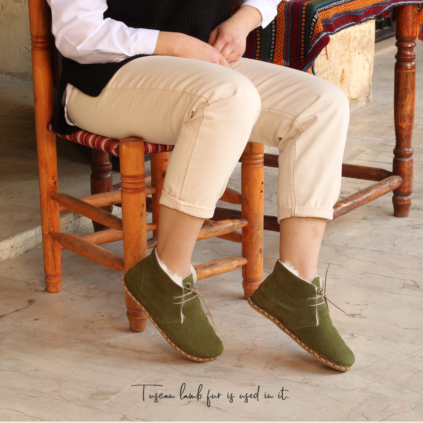 Handmade Green Barefoot Shearling Oxford Boots