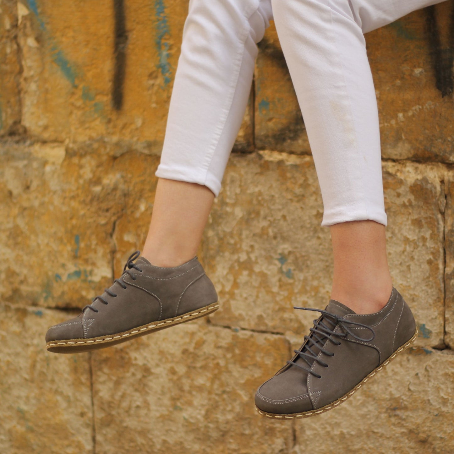 Gray Nubuck Leather Barefoot Sneakers for Women - Handmade, Rare Buffalo Leather