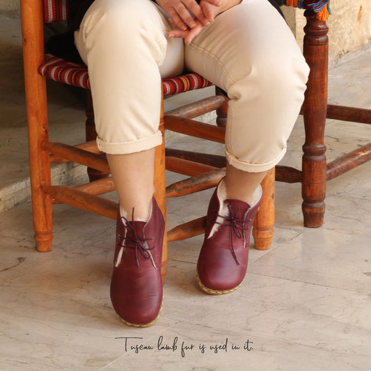 Handmade Zero Drop Shearling Oxford Barefoot Leather Boots for Women - Grounding in Crazy Burgundy