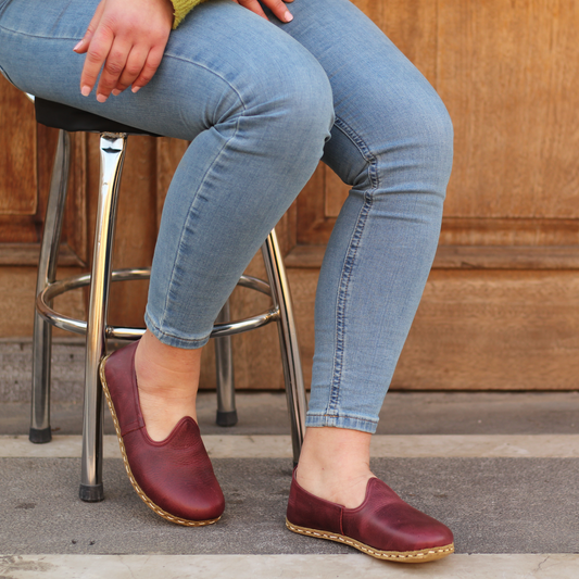 Burgundy Barefoot Leather Shoes Flat for Women