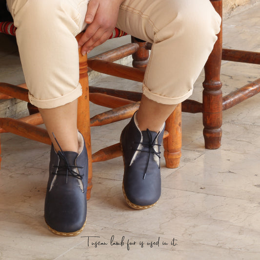 Handmade Navy Blue Barefoot Shearling Oxford Boots-Nefes Shoes