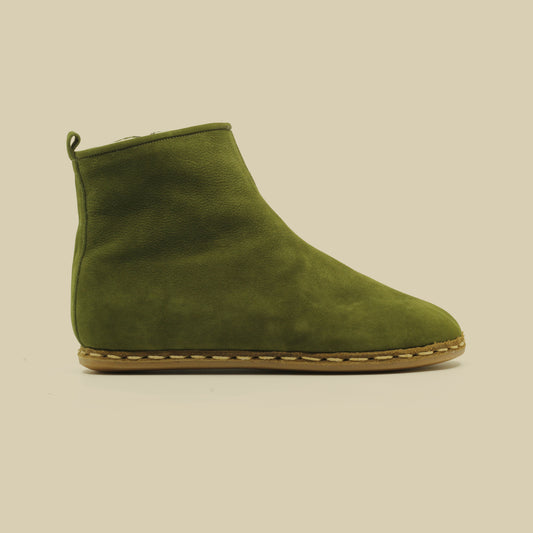 Ankle Barefoot With Zipper Men Boots - Green Nubuck - Zero Drop - Rubber Sole