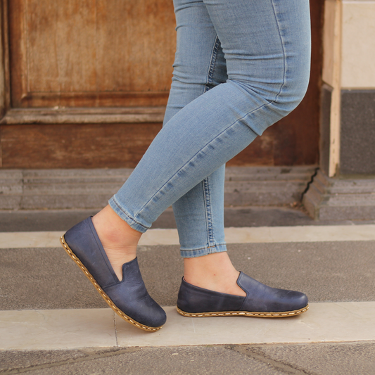 Barefoot Navy Blue Leather Women's Shoes "Modern Style"