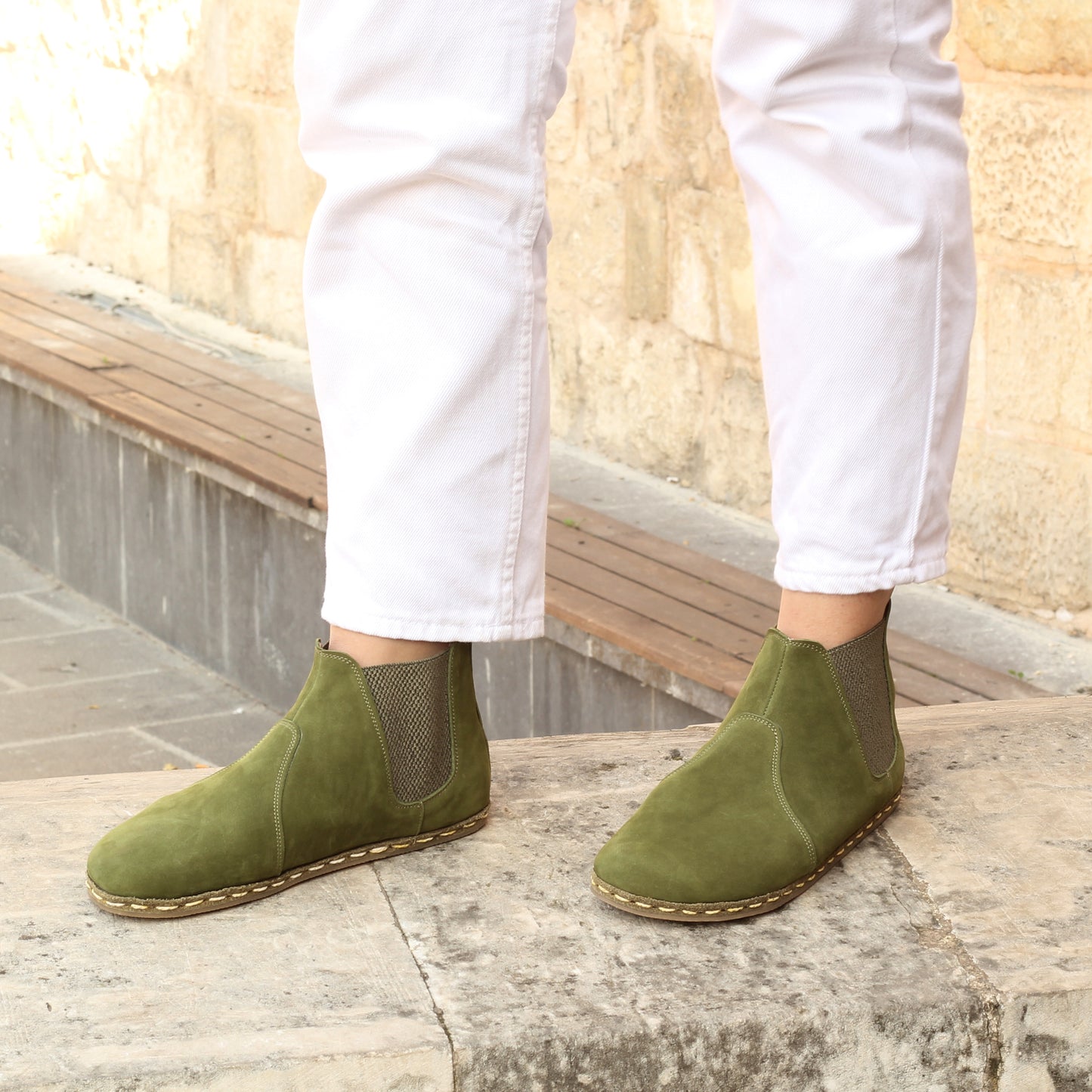 Handmade Chelsea Barefoot Leather Boots for Women - Earthing & Grounding Genuine Green Nubuck Boot