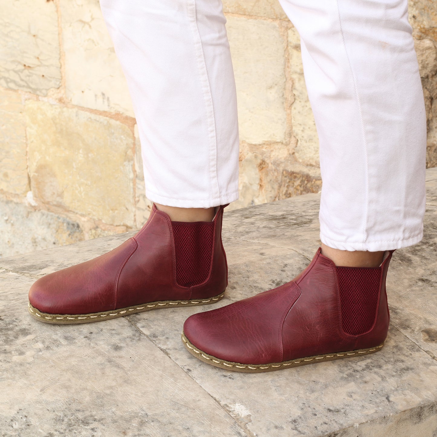 CHELSEA Barefoot Boots, Zero Drop, Handmade, FOR WOMEN, Crazy Burgundy Genuine Leather