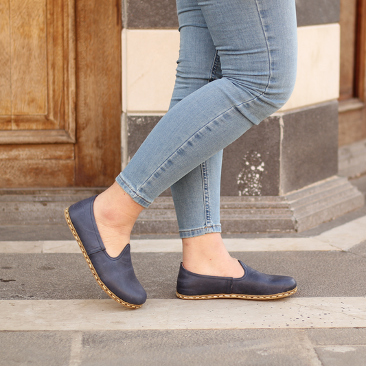 Classic Crazy Navy Blue Barefoot Leather Shoes - Nefes Women