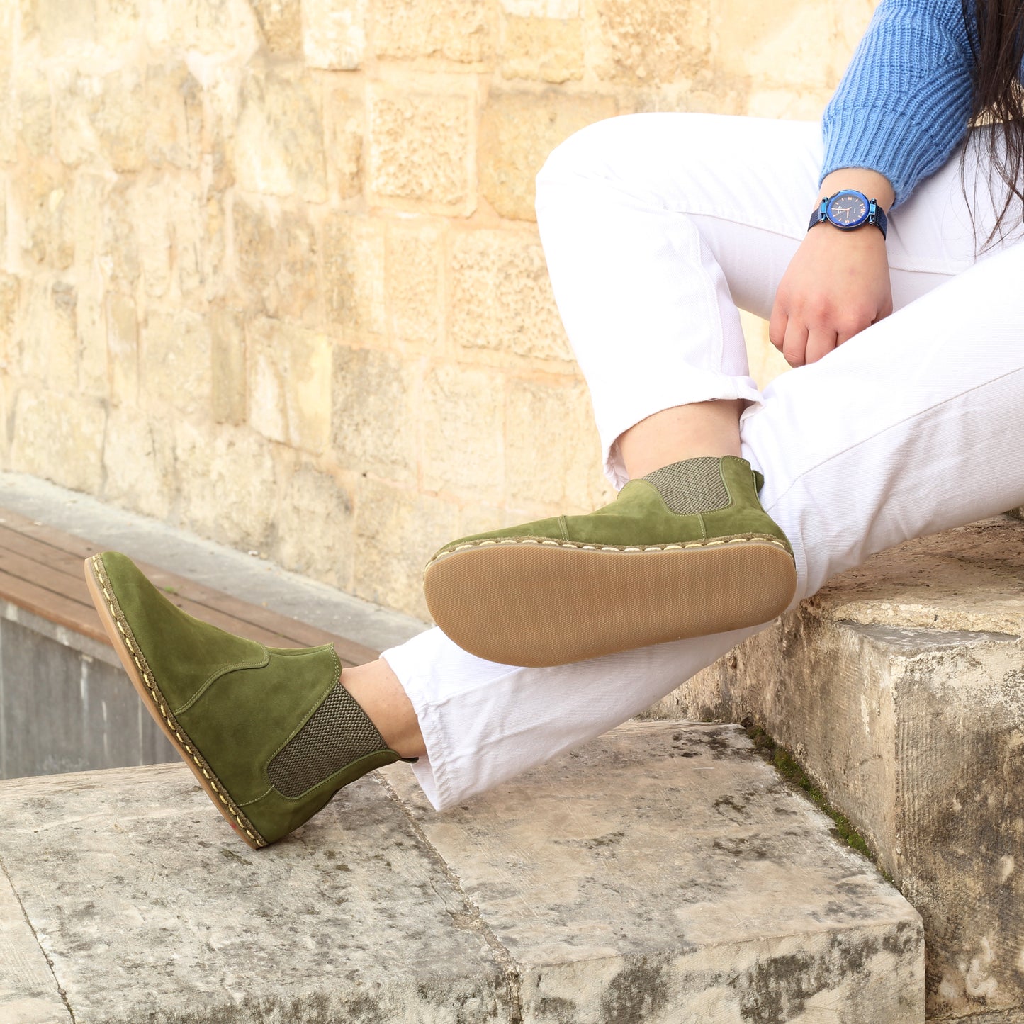 CHELSEA Barefoot Boots, Zero Drop, Handmade, FOR WOMEN, Green Nubuck Genuine Leather