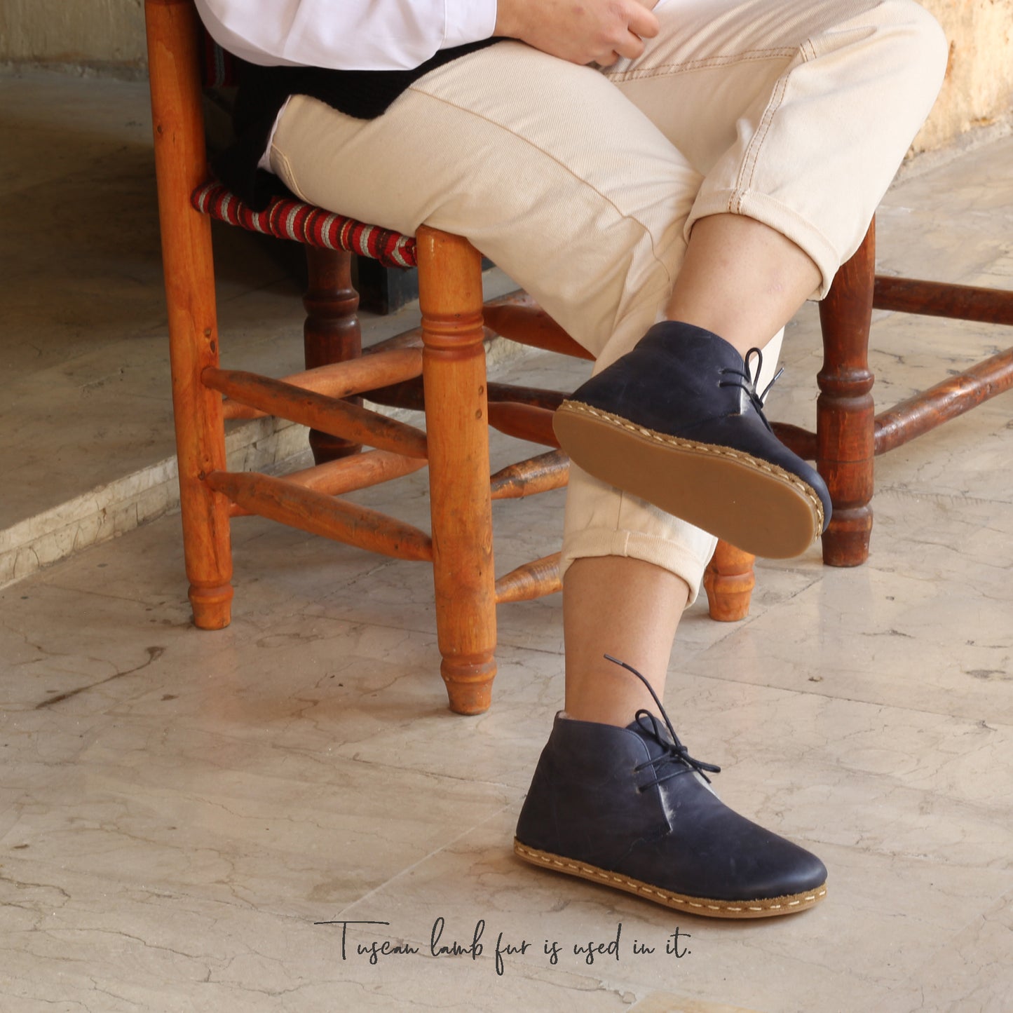 Handcrafted Navy Blue Shearling Oxford Ankle Boots - Zero Drop Barefoot Design with Rubber Sole