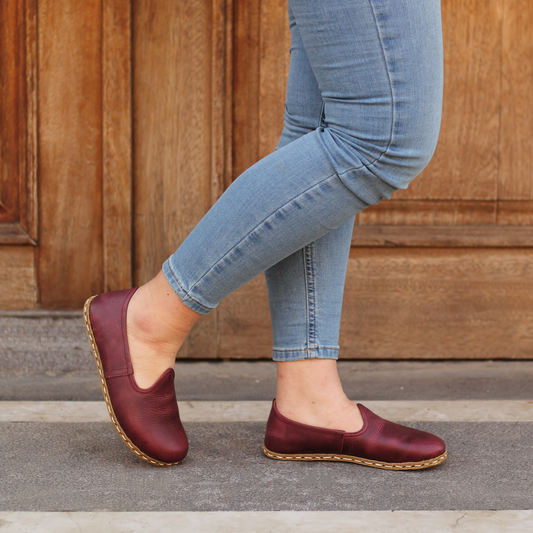 Classic Crazy Burgundy Barefoot Leather Shoes for Women - Nefes