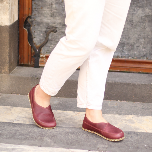 Women's Handmade Zero Drop Barefoot Crazy Burgundy Loafers