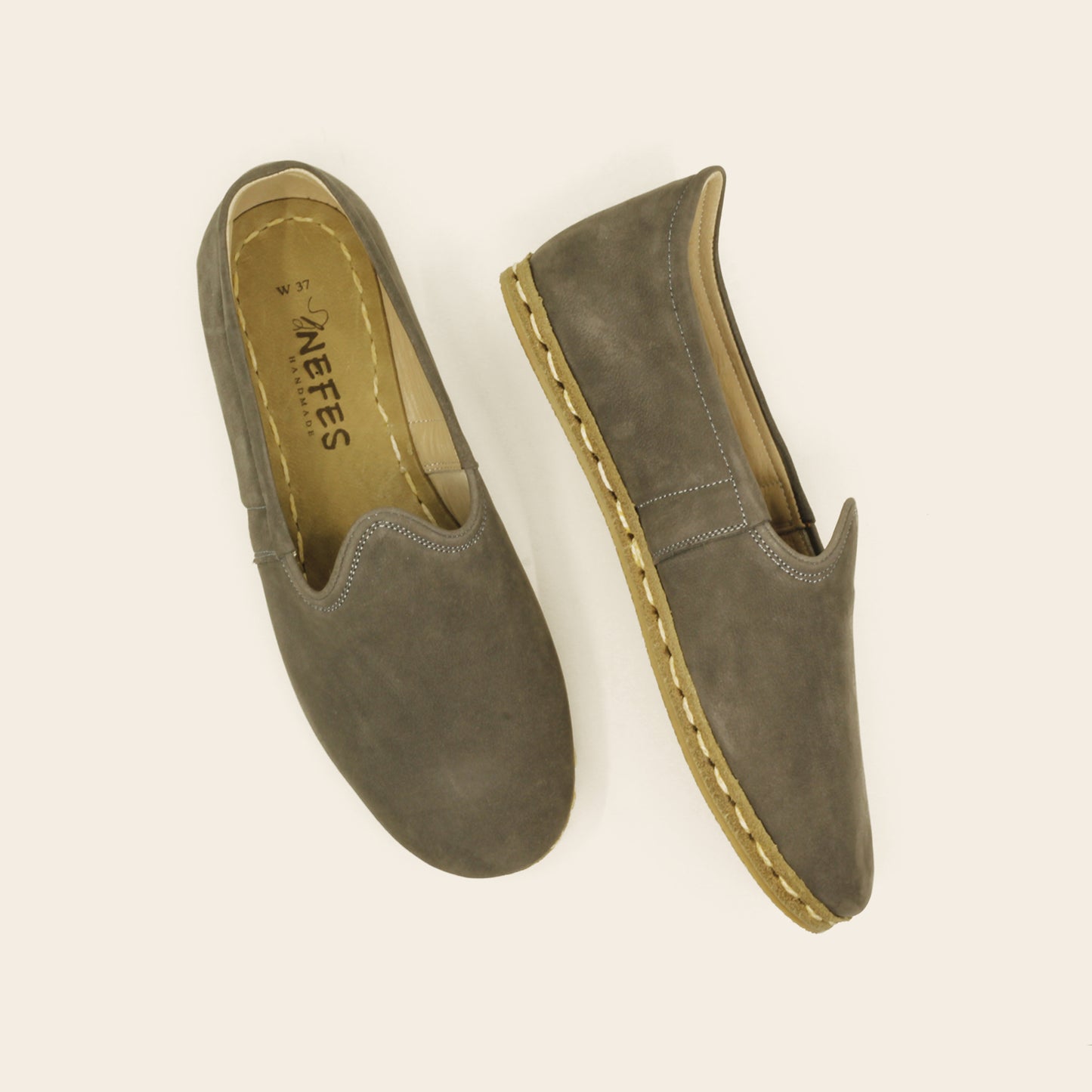 Gray Leather Slip On Nubuck Leather Shoes For Ladies - Nefes Shoes