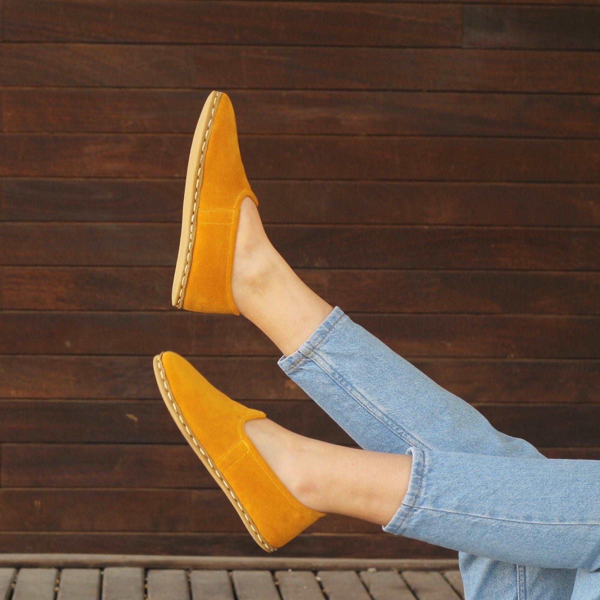 Women Shoes Handmade Dark Yellow Suede Leather Yemeni Rubber Sole