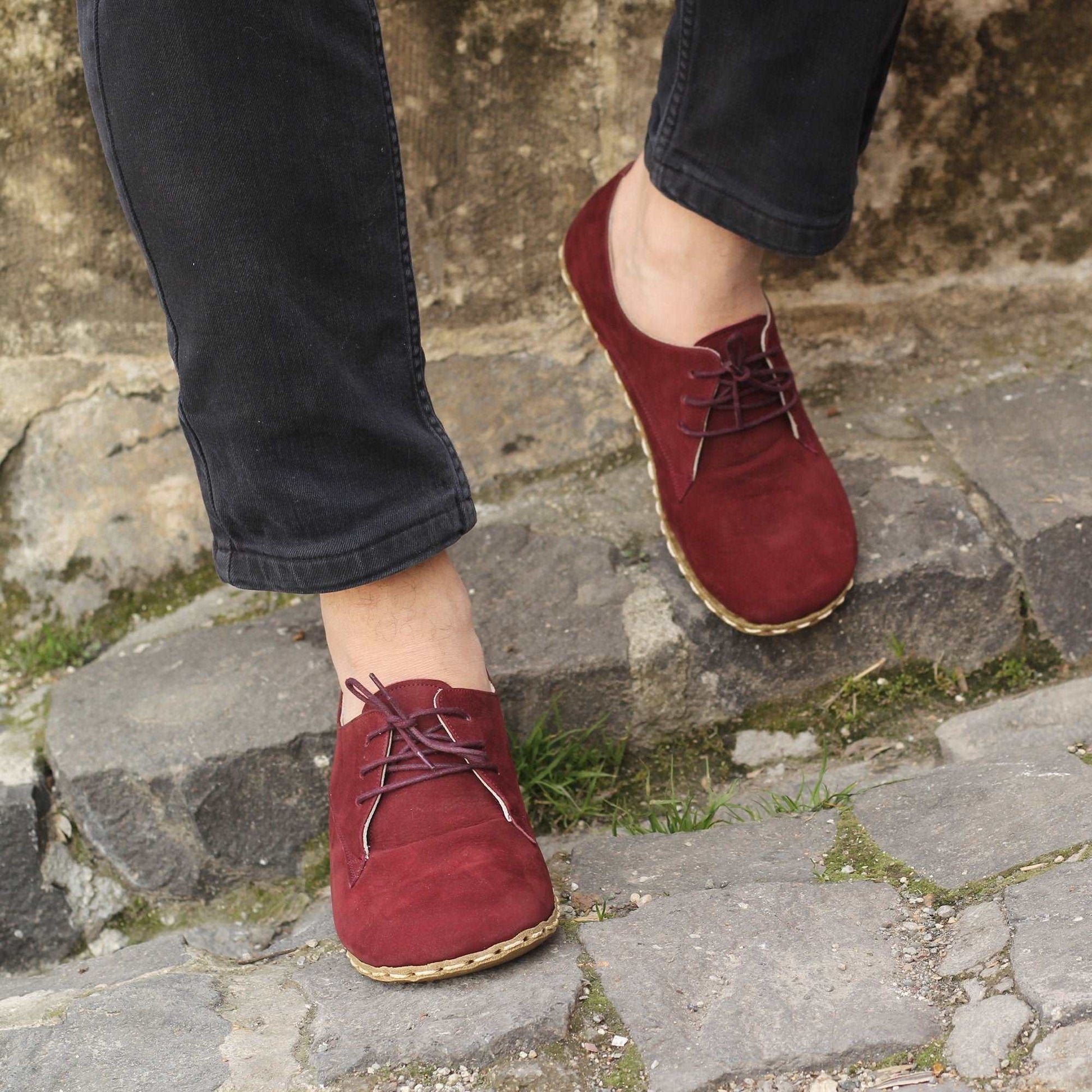 Men Barefoot Shoes, Handmade, Claret Red Nubuck Leather, Laced Oxford Copper Rivet