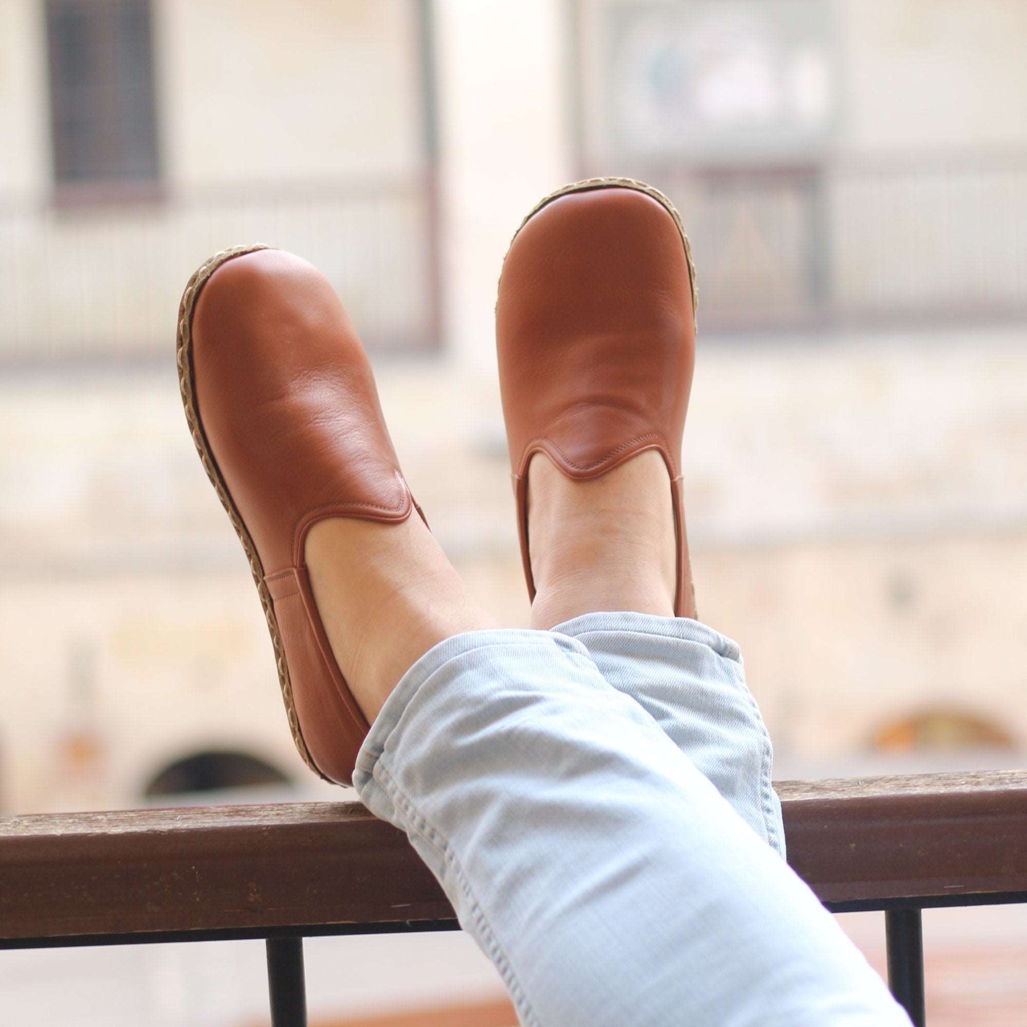 Brown Leather Barefoot Slip On for Men Zero Drop Wide Toe Box