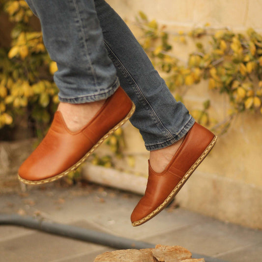 slip on men shoes, handmade orange loafers, brown leather wider shoes, huaraches men – nefes shoes
