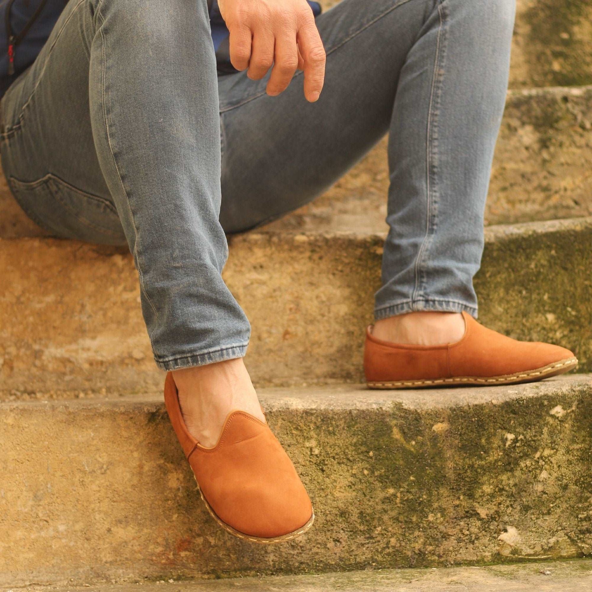 Leather Moccasin Sneakers Flats, Mens Orange Leather Shoes