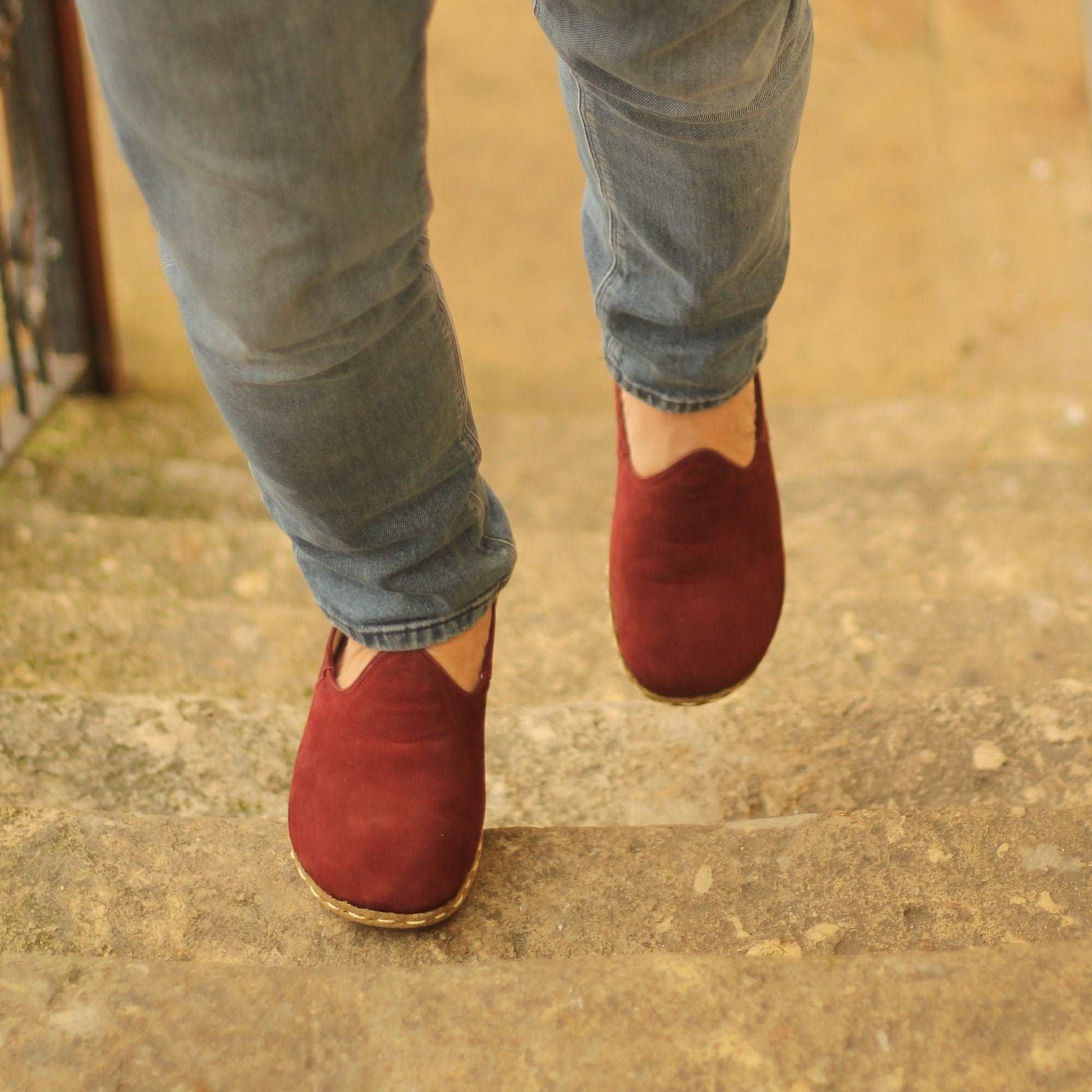 Men's Barefoot Shoes, handmade claret red leather