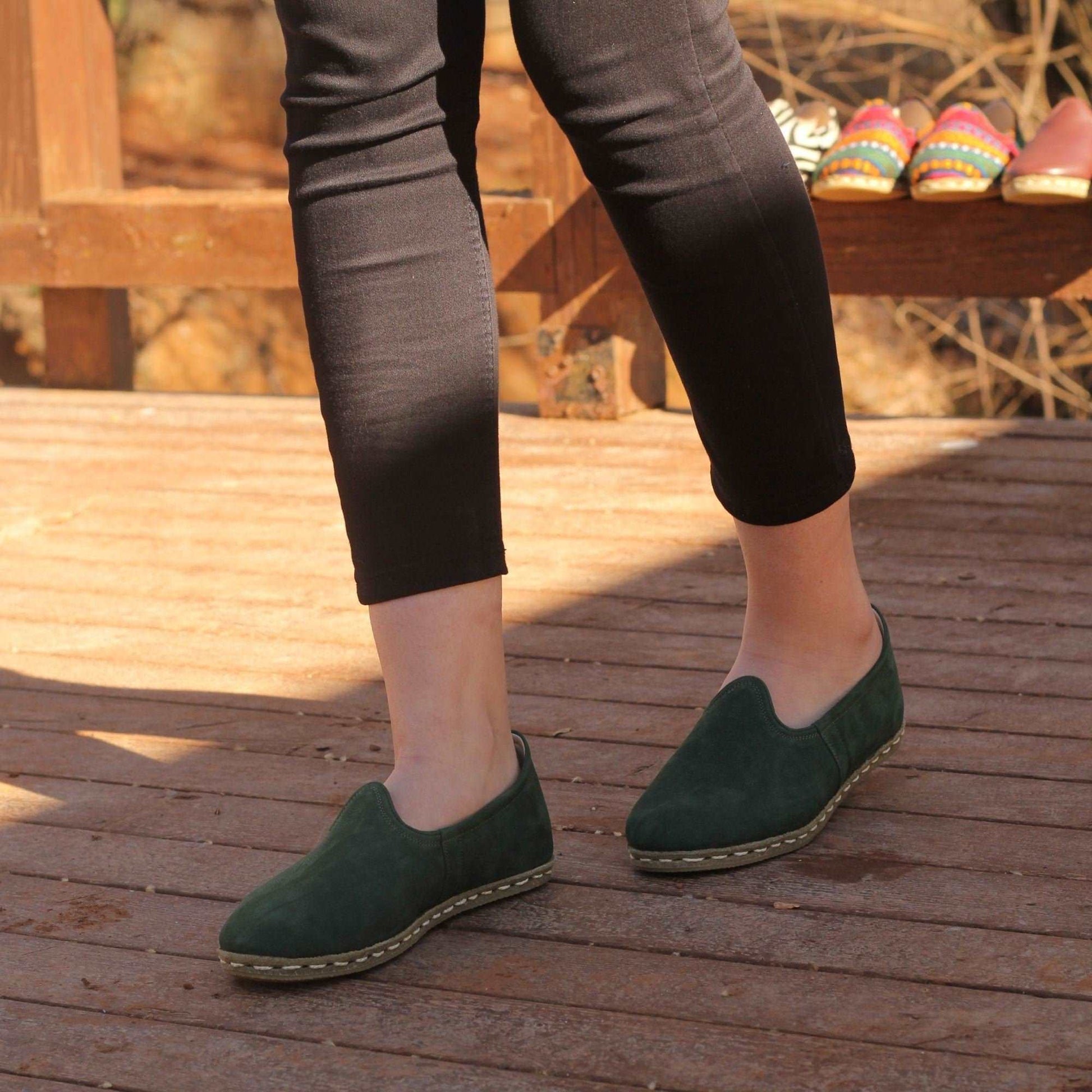 Women Shoes Handmade Green Nubuck Leather Yemeni Rubber Sole