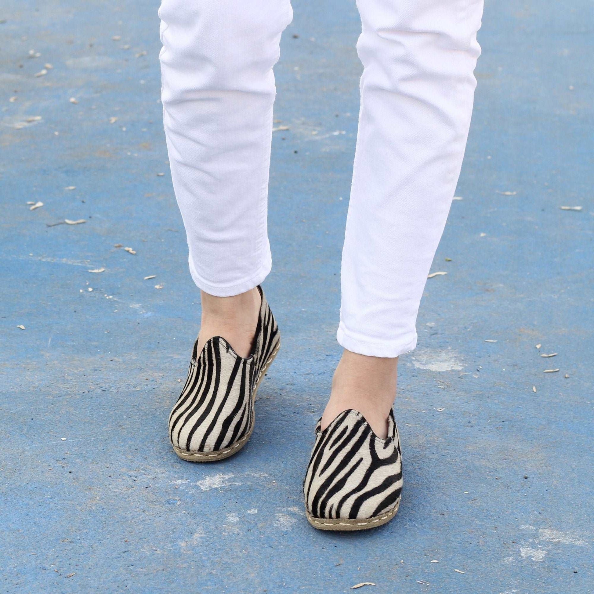 Women Shoes Handmade Zebra Print Hairy Leather Yemeni Rubber Sole