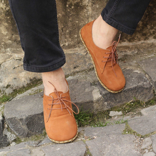 Men Barefoot Shoes, Handmade, Orange Nubuck Leather, Laced Oxford Copper Rivet