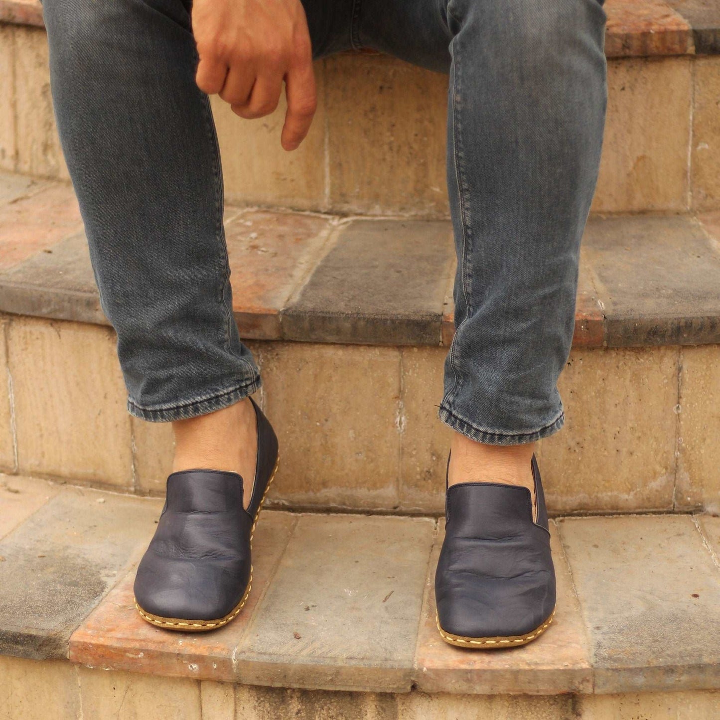 Men Barefoot Shoes, Handmade, Navy Blue Leather, Modern Copper Rivet