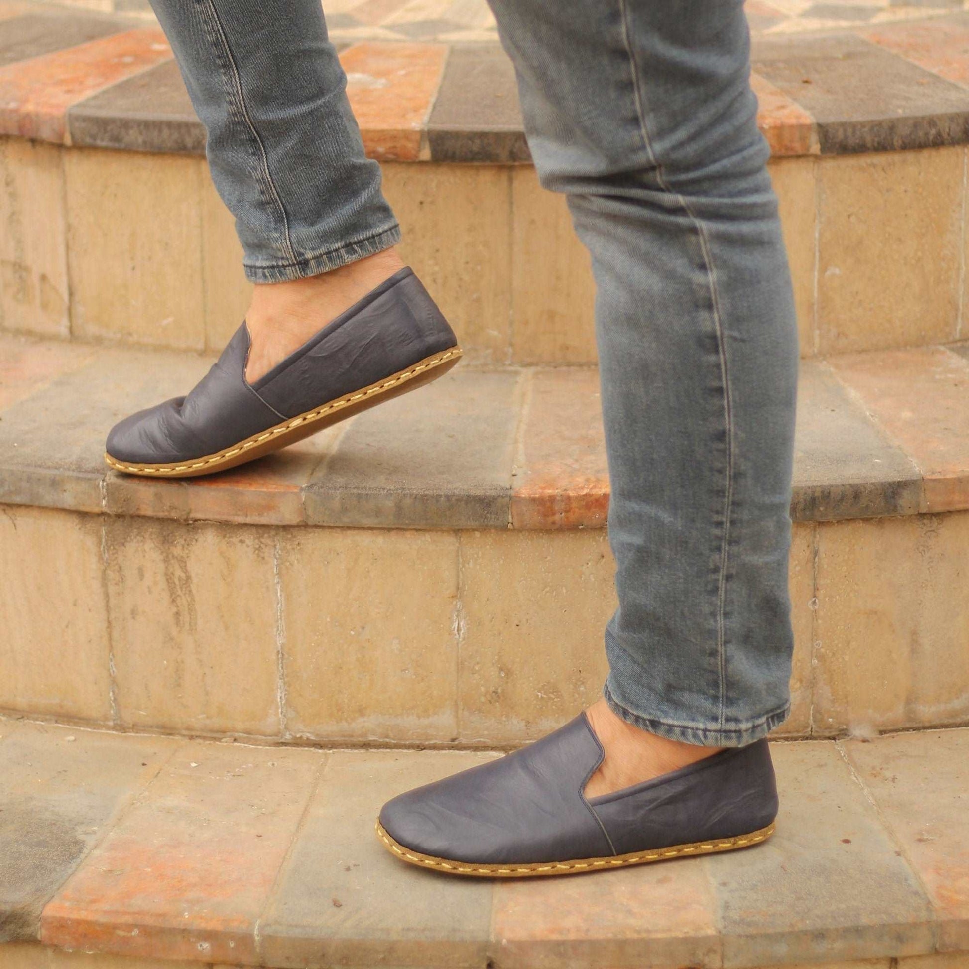 Men Barefoot Shoes, Handmade, Navy Blue Leather, Modern Copper Rivet