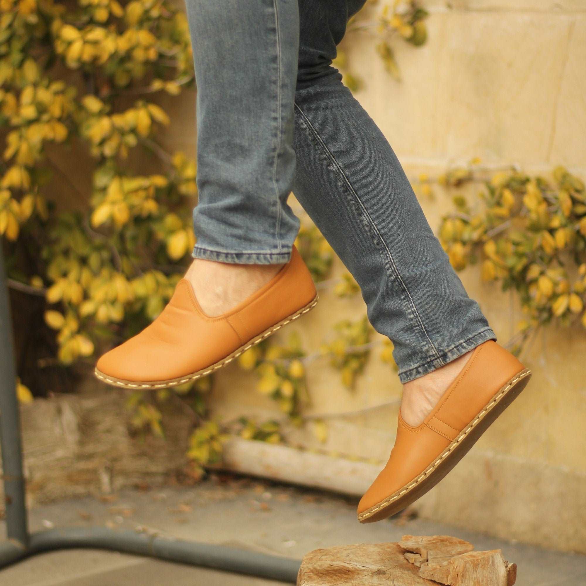 Orange Leather Barefoot Slip On for Men Zero Drop Wide Toe Box