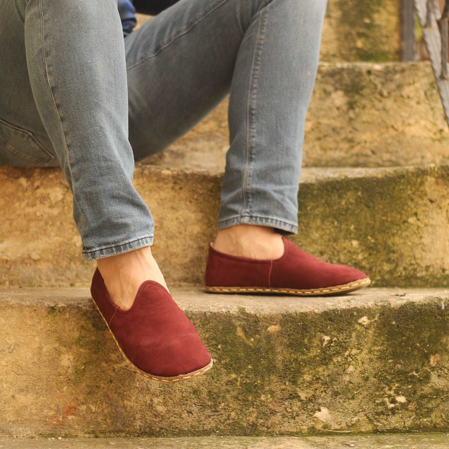 Men's Barefoot Shoes, handmade claret red leather