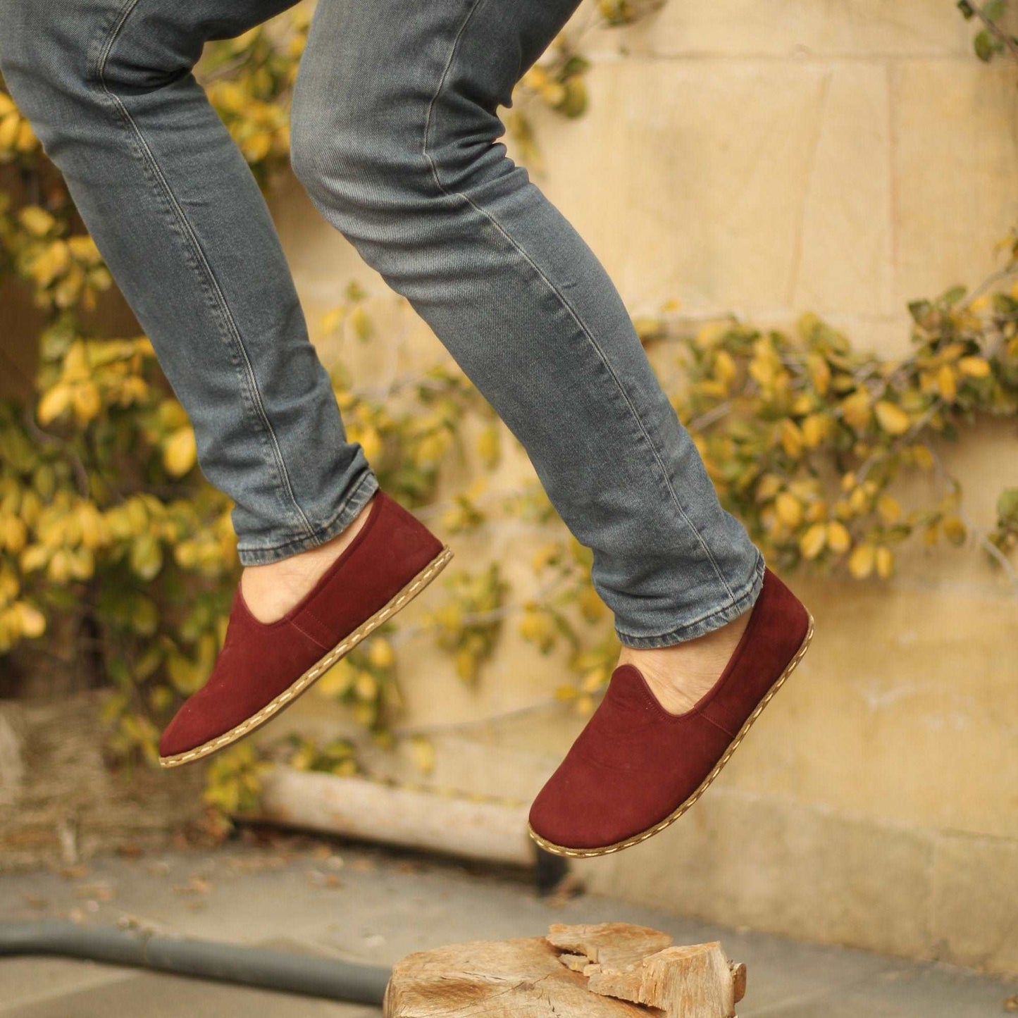 Men's Barefoot Shoes, handmade claret red leather