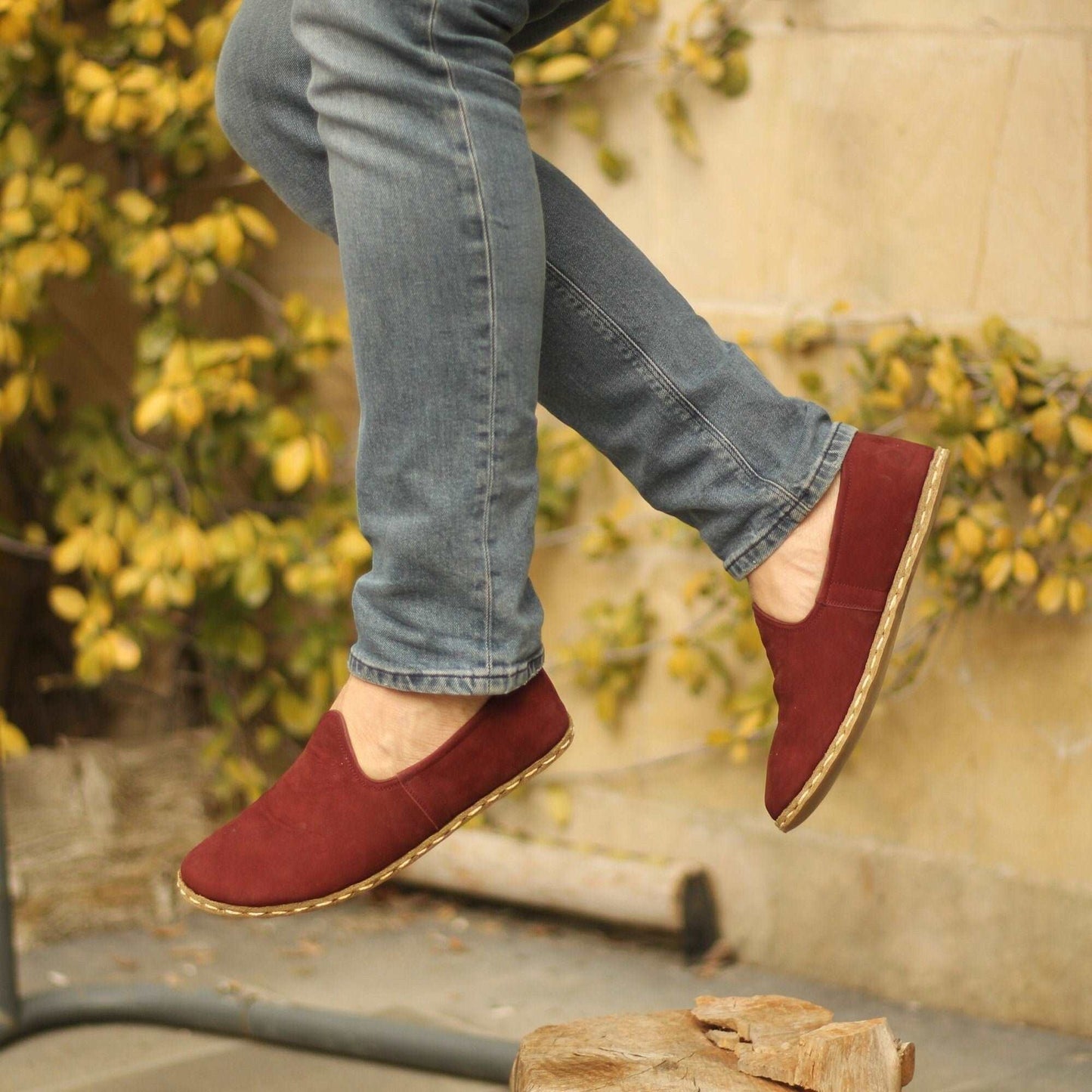 Men's Barefoot Shoes, handmade claret red leather