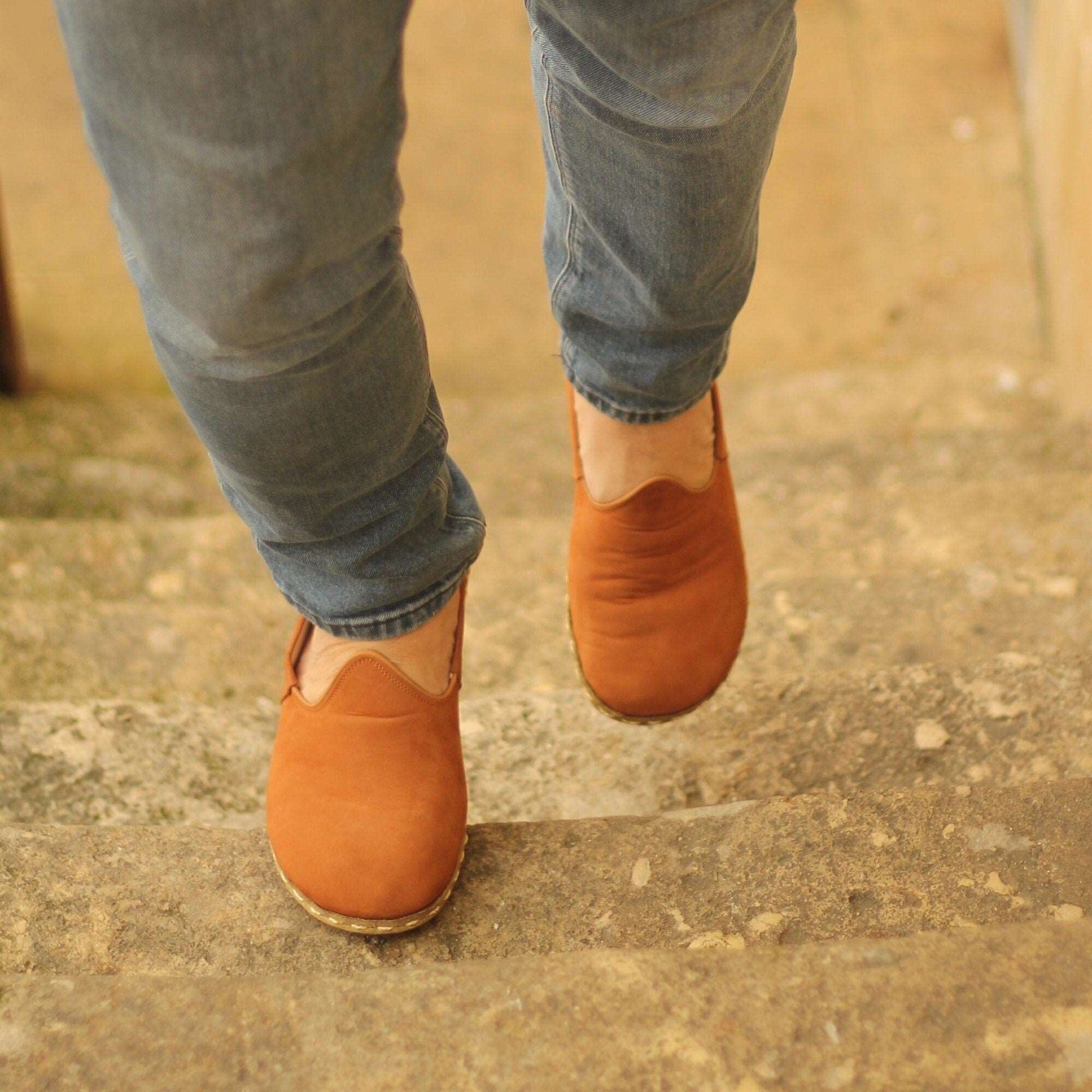 slip on men shoes, handmade loafers, orange nubuck leather wider shoes, huaraches men – nefes shoes