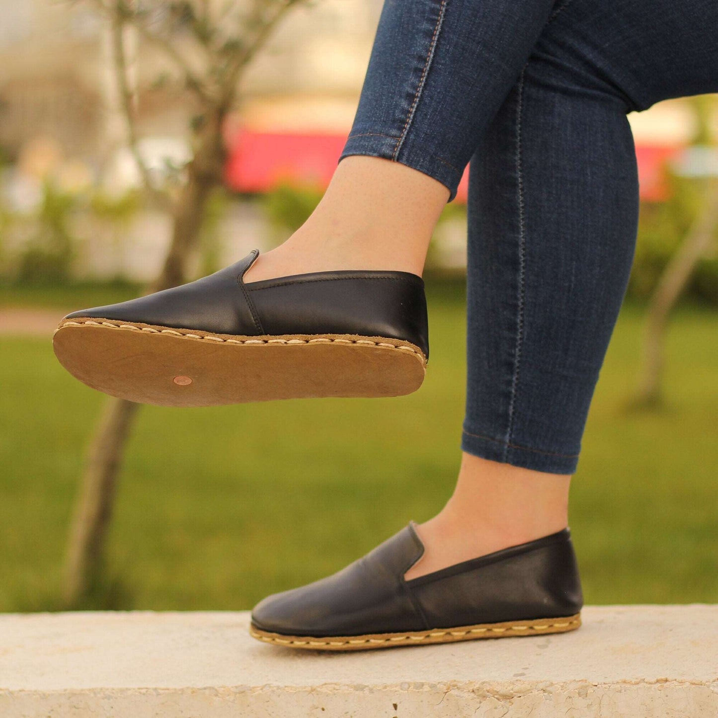 Women, Barefoot Shoes, Handmade, Black Leather, Copper Rivet