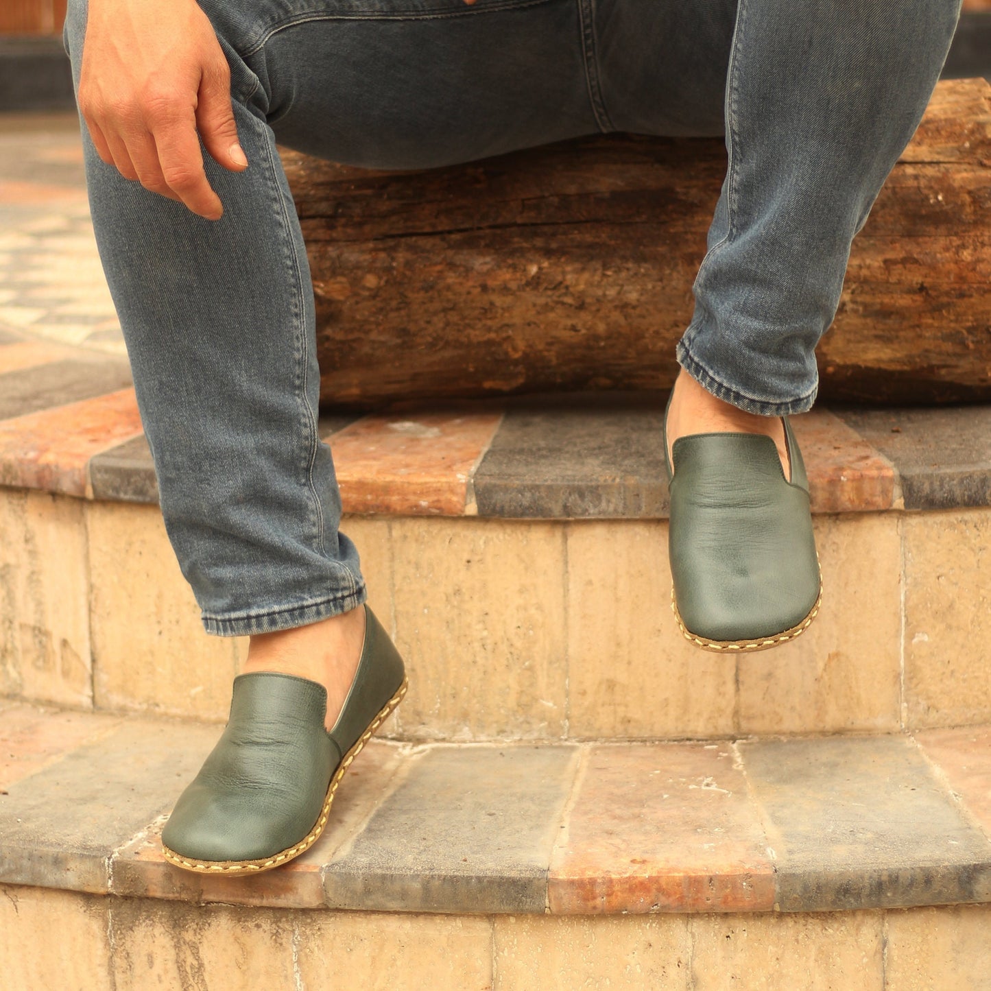 Men Barefoot, Handmade, Green Leather