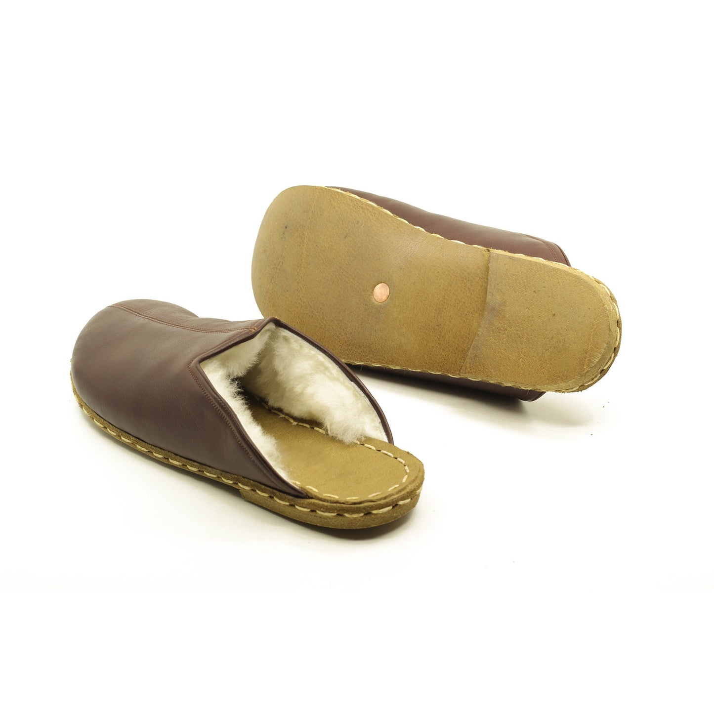 Sheepskin slippers - Winter Slippers - Barefoot Slipper - Close Toed Slippers - Bitter Brown Leather - Copper Rivet - For Women