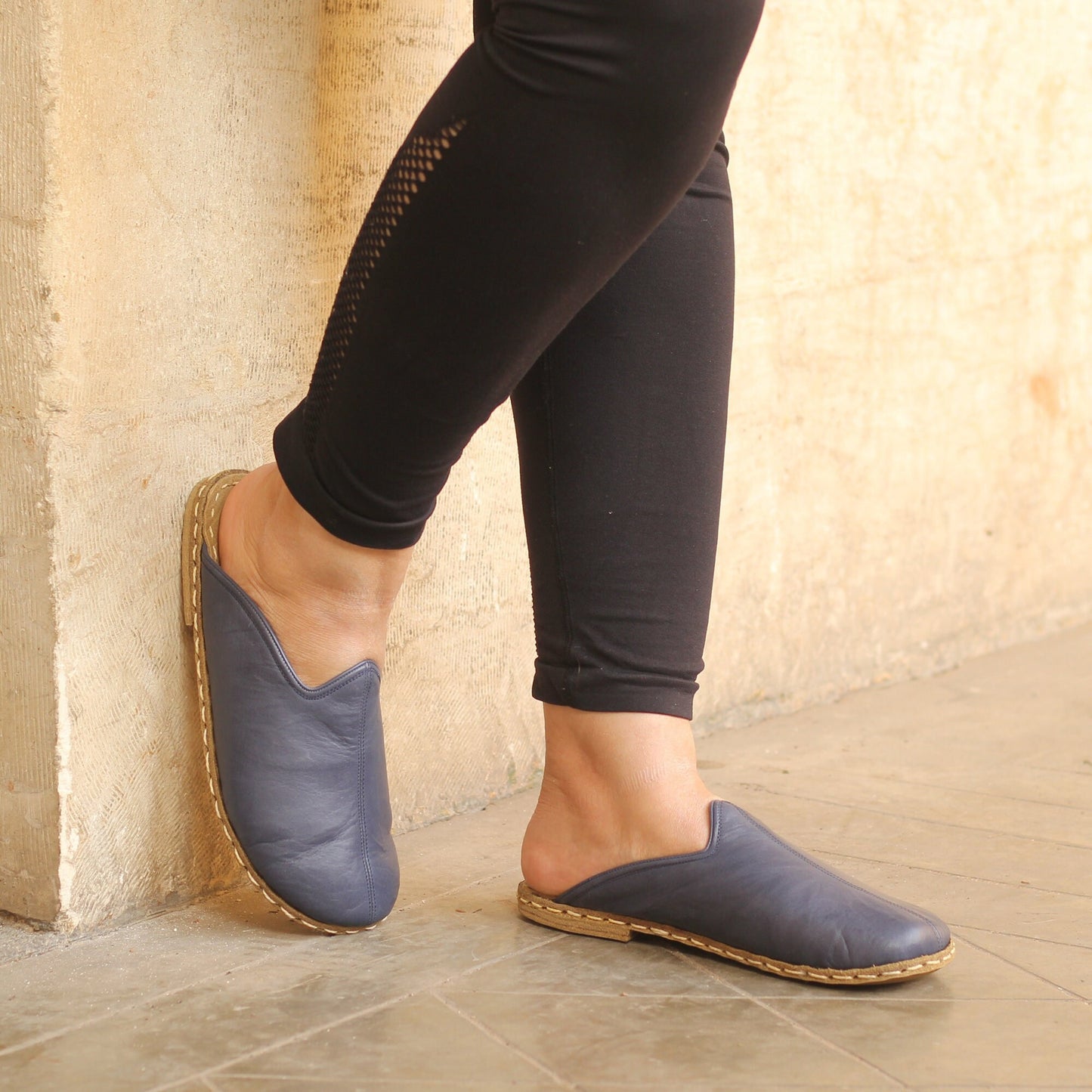 Sheepskin slippers - Winter Slippers - Barefoot Slipper - Close Toed Slippers - Navy Blue Leather - Copper Rivet - For Women