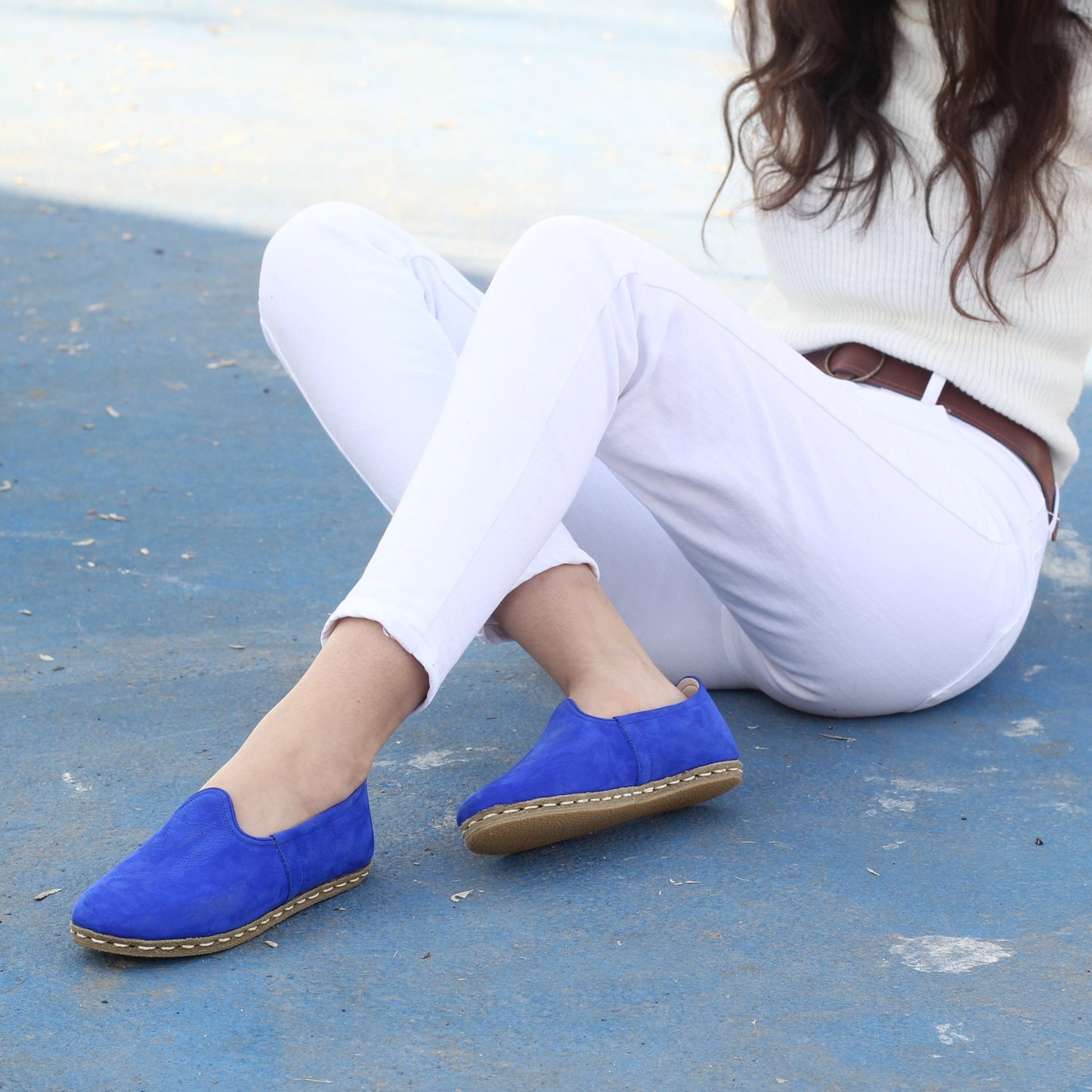 Women Shoes Handmade Blue Nubuck Leather Turkish Yemeni Rubber Sole