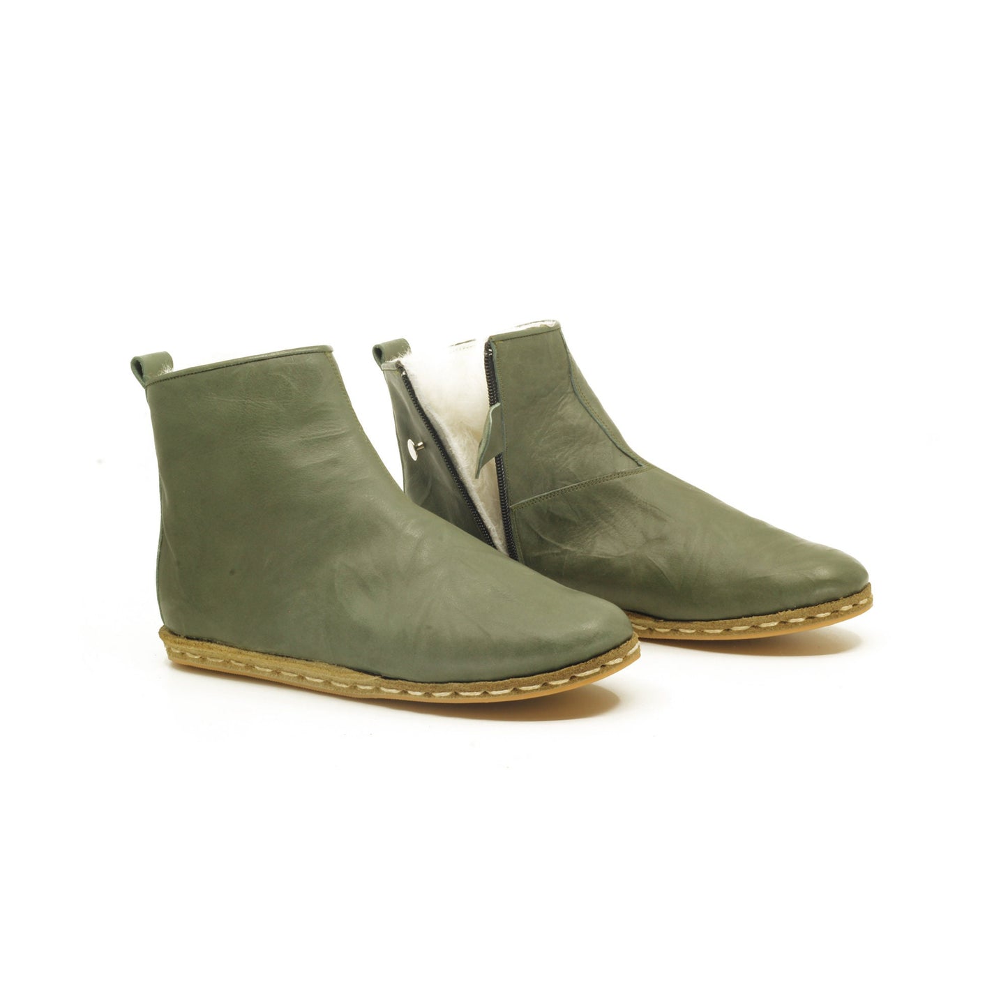 Women's Boot, Real Tuscan Fur Inside, All Leather, Matte Green