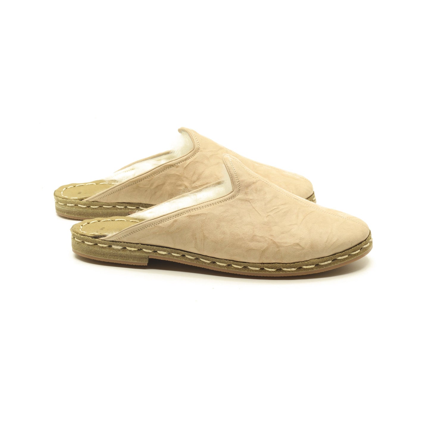 Winter Slippers  - Sheepskin slippers  - Close Toed Slippers - Beige Leather – Rubber Sole - For Women