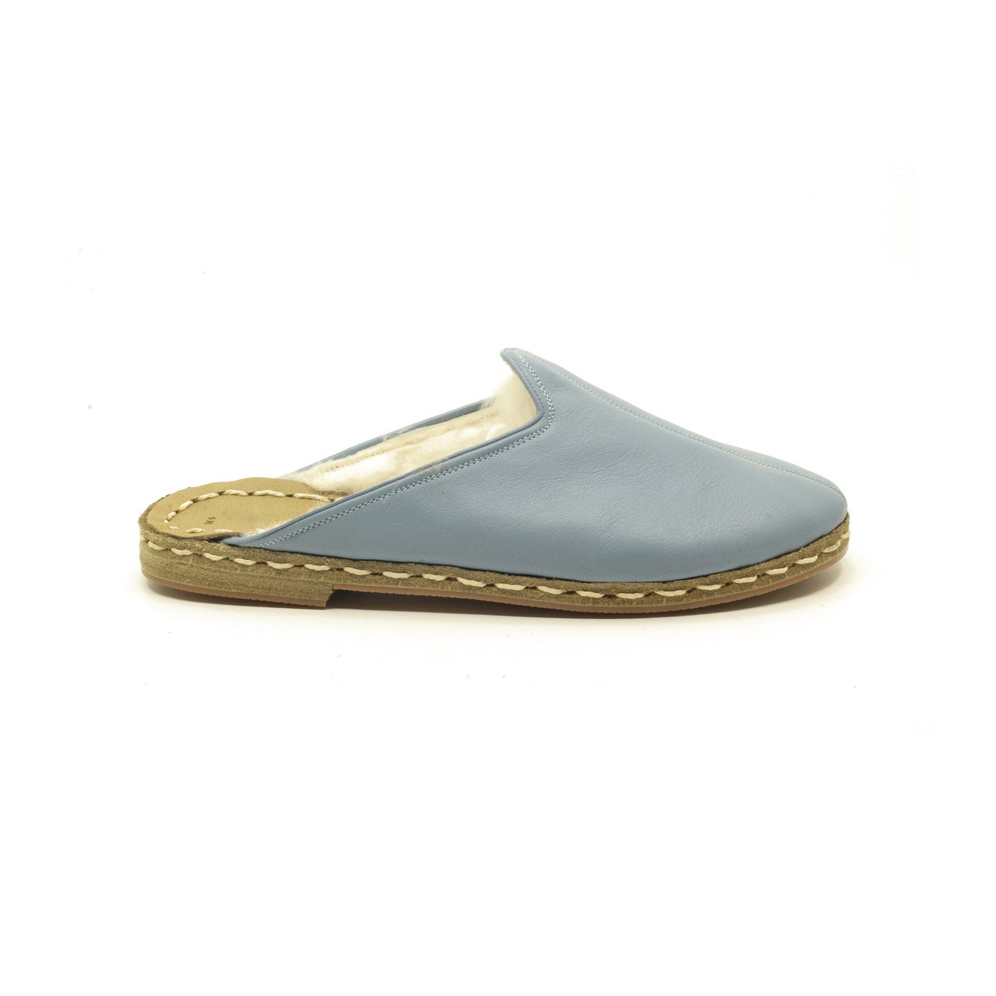 Winter Slippers  - Sheepskin slippers  - Close Toed Slippers -Light Blue Leather – Rubber Sole - For Women