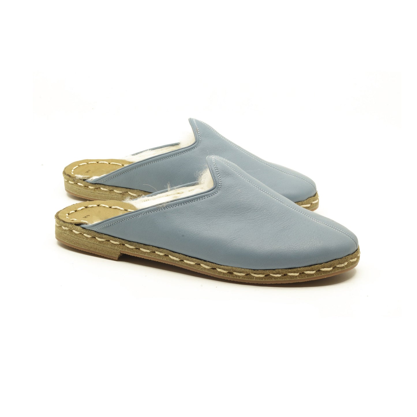 Winter Slippers  - Sheepskin slippers  - Close Toed Slippers -Light Blue Leather – Rubber Sole - For Women