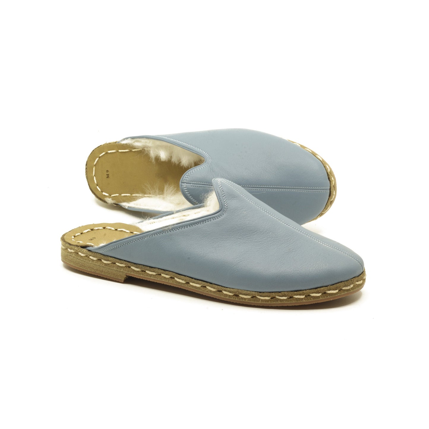 Winter Slippers  - Sheepskin slippers  - Close Toed Slippers -Light Blue Leather – Rubber Sole - For Women