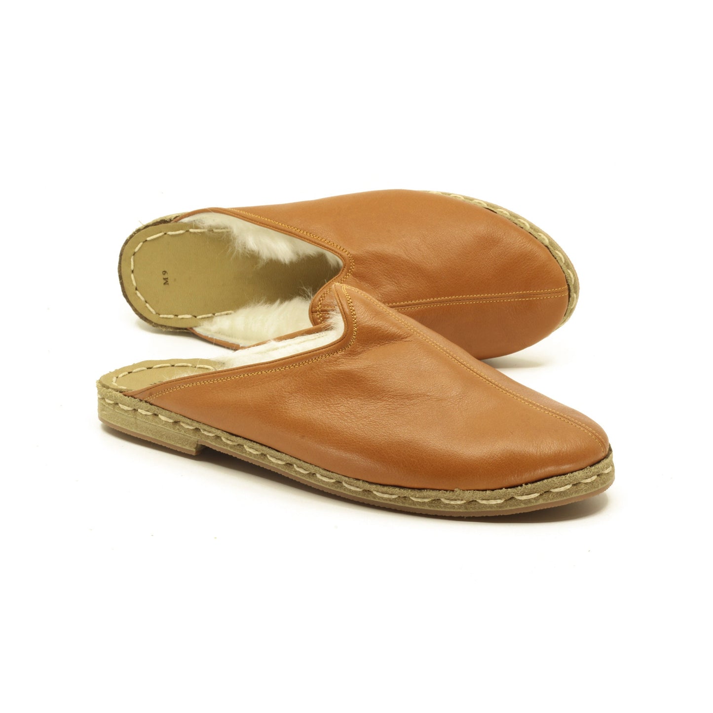 Winter Slippers  - Sheepskin slippers  - Close Toed Slippers - Flat Brown Leather – Rubber Sole - For Women