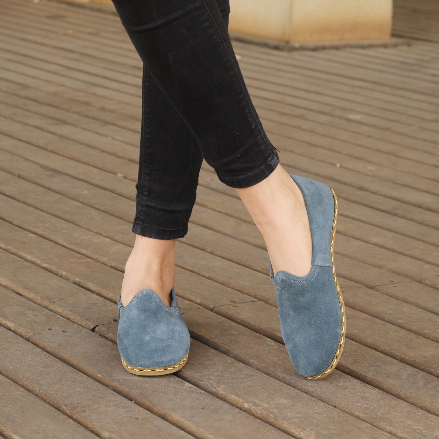 Women Shoes Handmade Blue Suede Leather Turkish Yemeni Rubber Sole