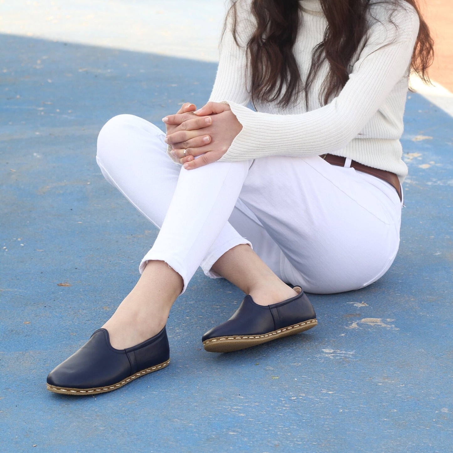 Women Shoes Handmade Navy Blue Leather Turkish Yemeni Rubber Sole