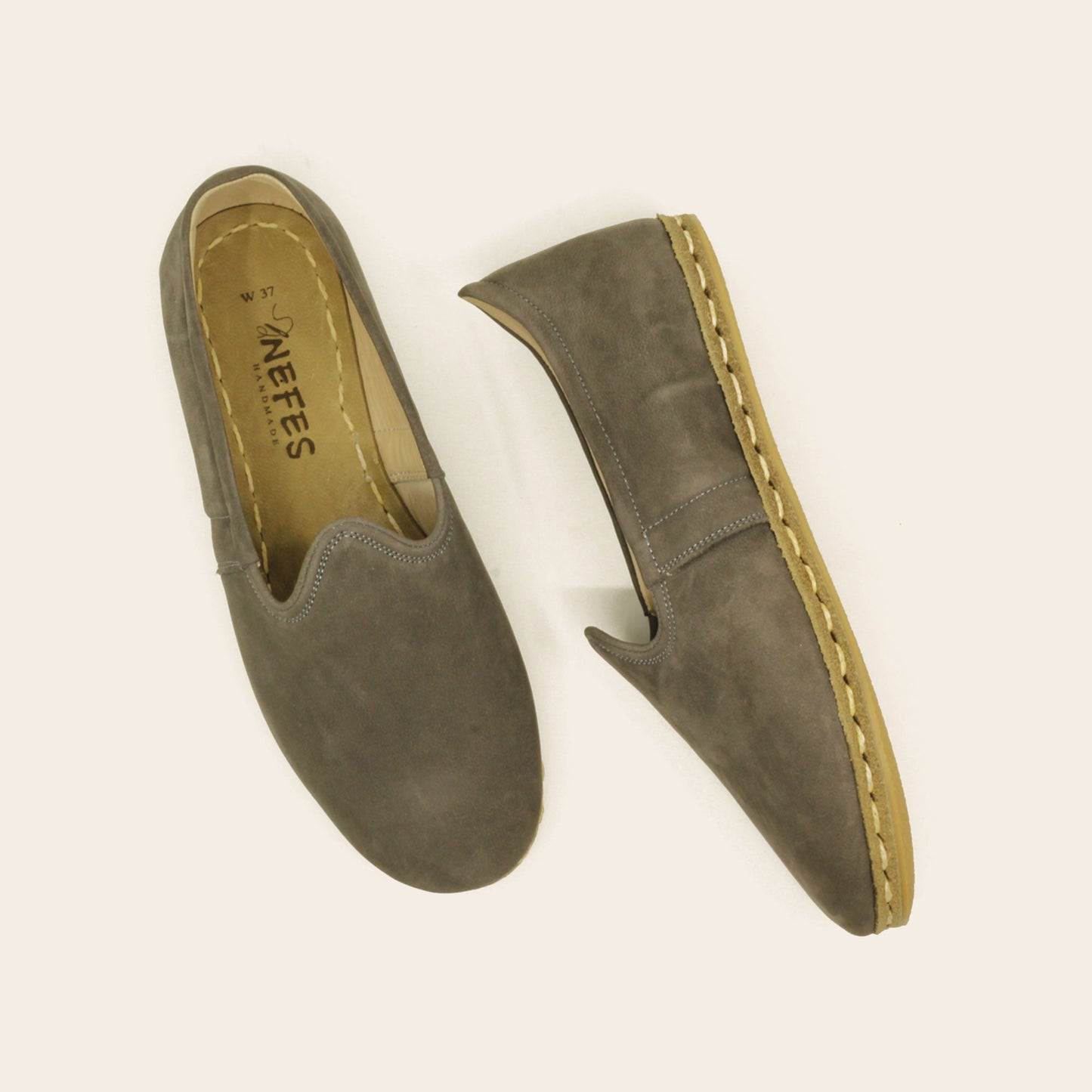 Gray Leather Slip On Nubuck Leather Shoes For Ladies - Nefes Shoes