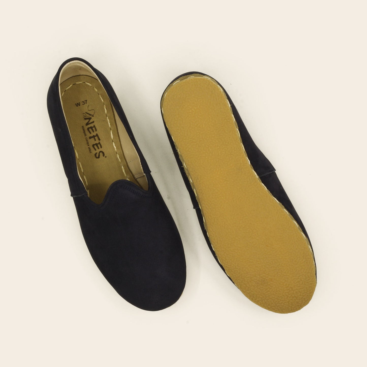 Ladies Navy Blue Leather Handmade Shoes - Nefes Shoes